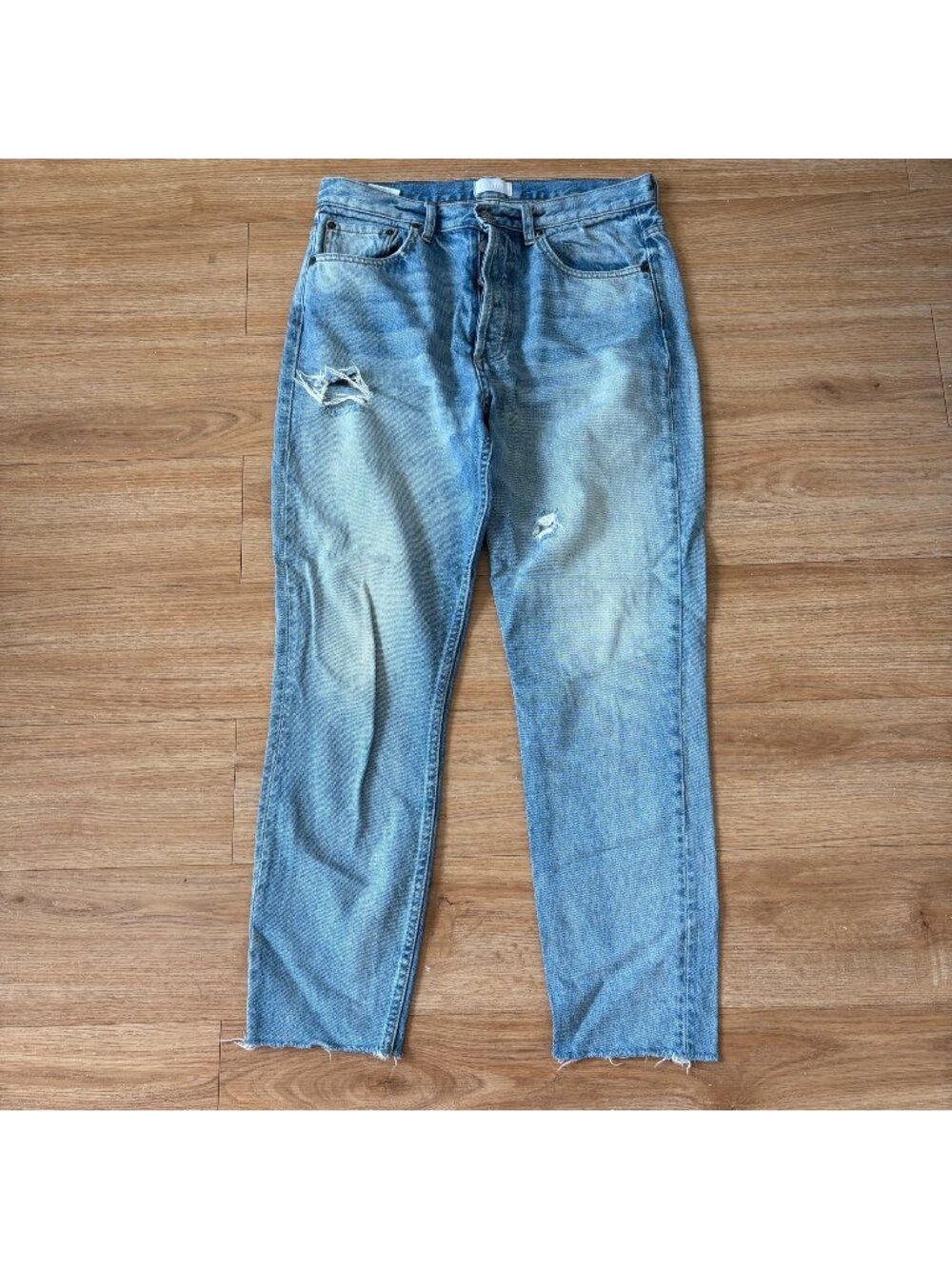 Boyish by Her Billy Button Fly High Rise Distressed Ankle Fray Jeans Blue Sz 30